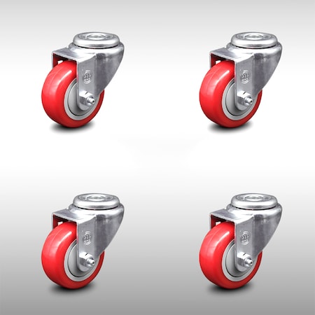 Service Caster 3 Inch SS Red Polyurethane Wheel Swivel Bolt Hole Caster Set SCC-SSBH20S314-PPUB-RED-4
